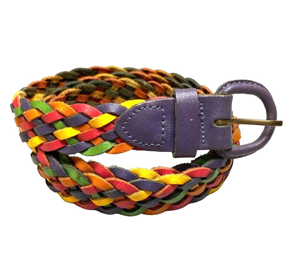Vintage Belt Rainbow Colored Leather Woven Women Sz M/L Boho Hippie 70s 80s